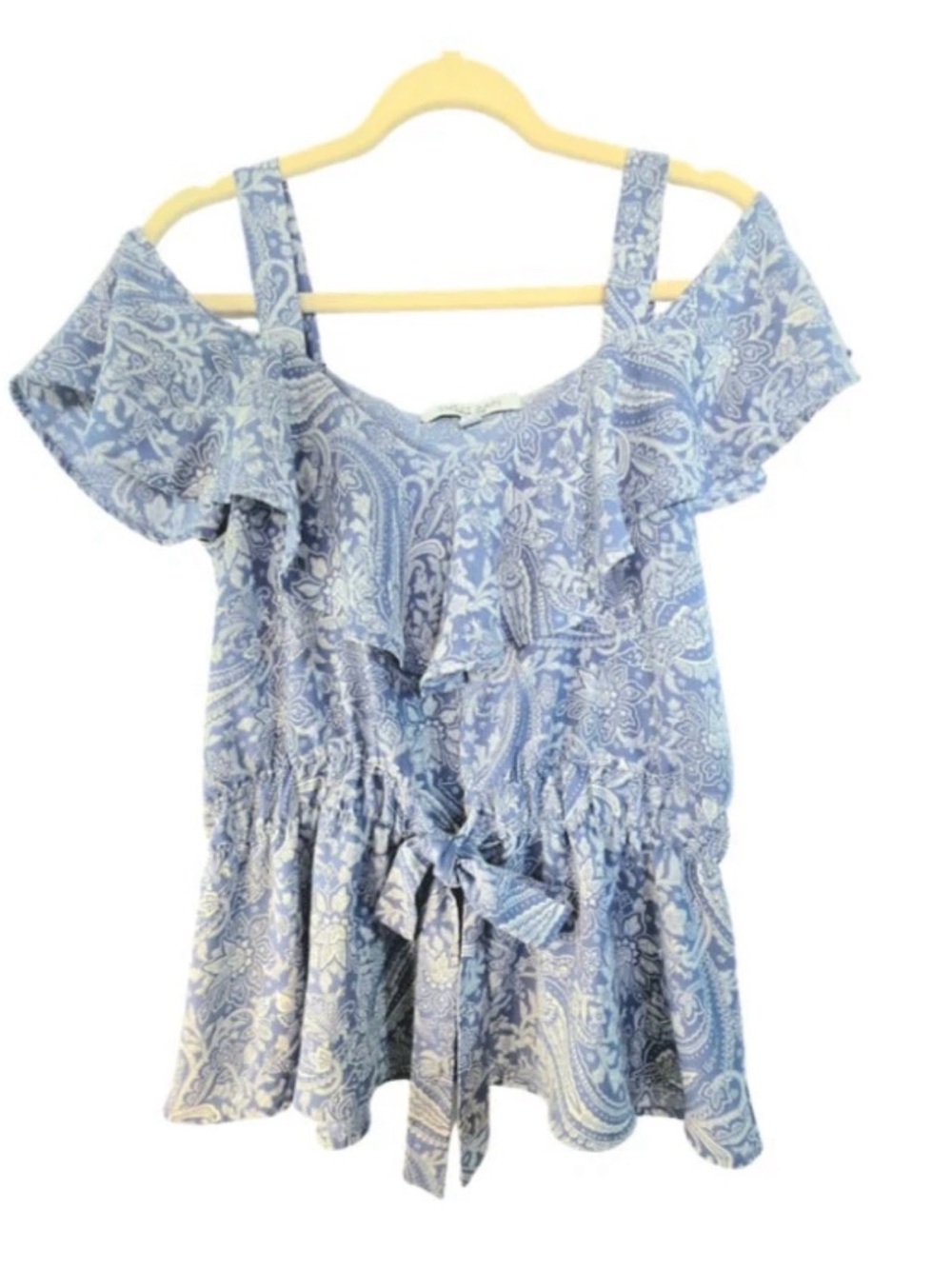 Sweet Rain Women's Large Cold Shoulder Top Blouse Tie Front Paisley Blue Summer